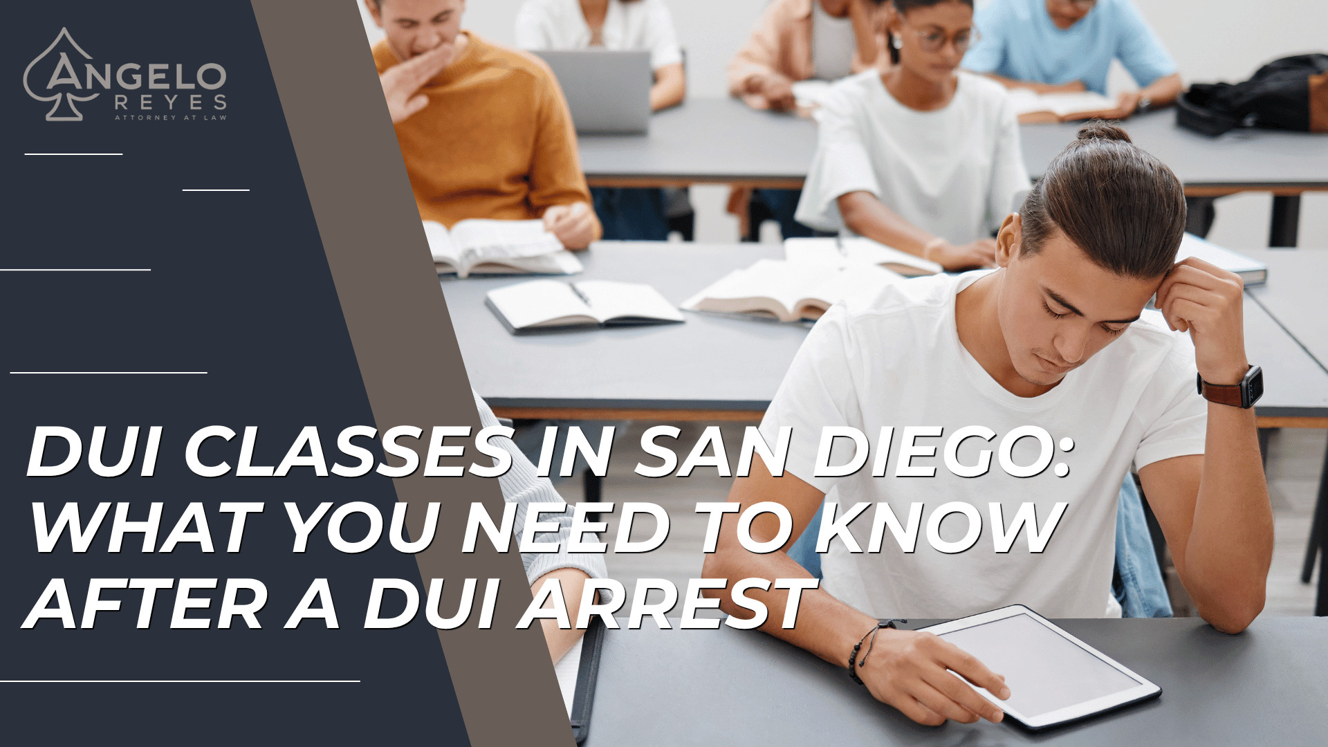 Students in classroom with books and tablet introducing DUI classes and requirements after a DUI arrest