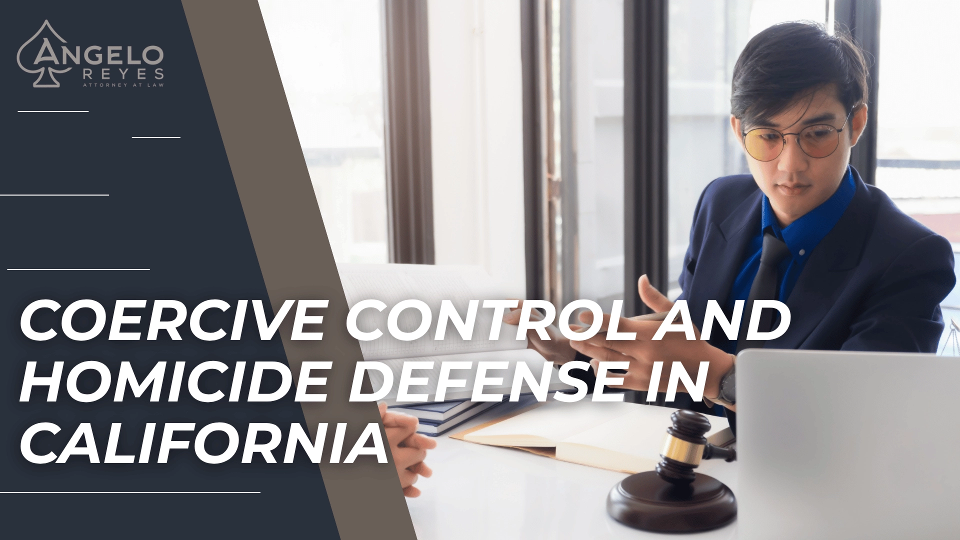 Attorney consulting at desk with gavel introduces coercive control and homicide defense issues in California.