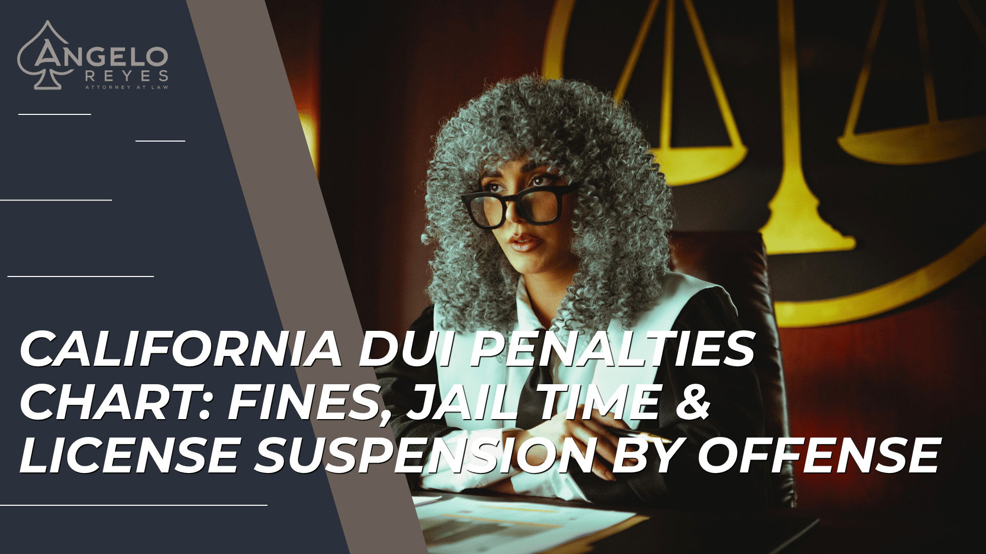 Attorney at desk with scales backdrop introducing California DUI penalties, fines, and license suspension