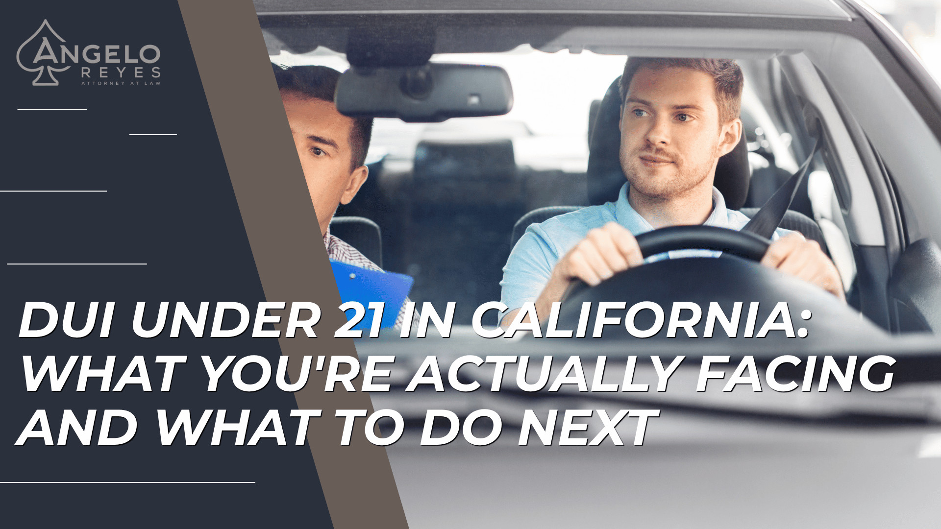 Young driver at wheel with officer in passenger seat introducing overview of under-21 DUI consequences and next steps
