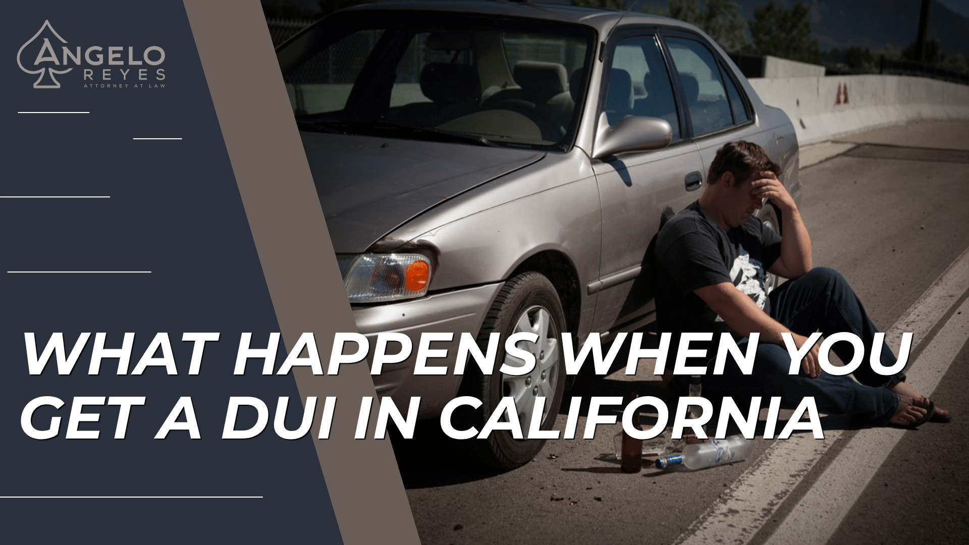 Man sitting by damaged car on roadside with headline explaining DUI consequences in California