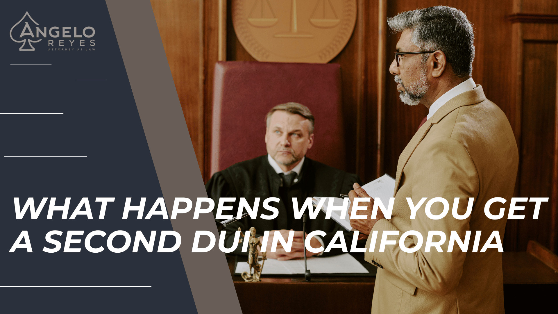 Courtroom scene with attorney and judge introduces overview of second DUI process and consequences in California