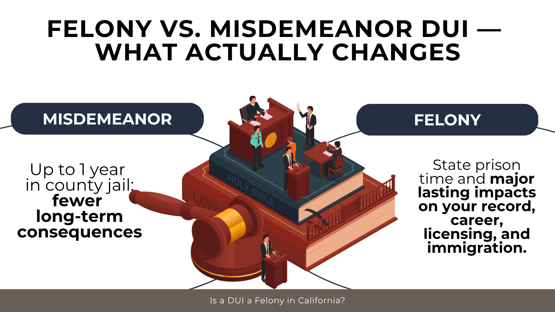 Courtroom scene contrasts misdemeanor jail time with felony prison and long-term impacts on record and career