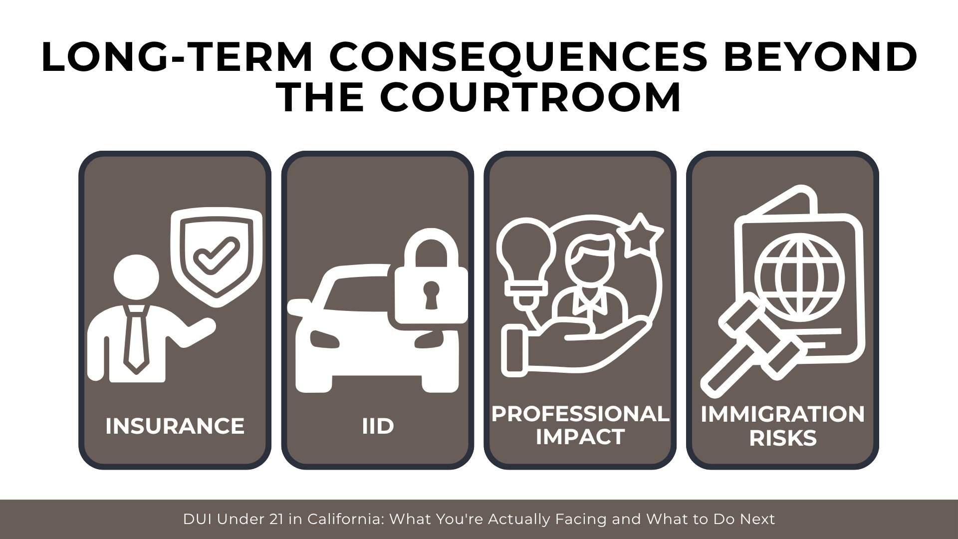 Four icon panels showing insurance impact, ignition interlock device, career effects, and immigration risks 