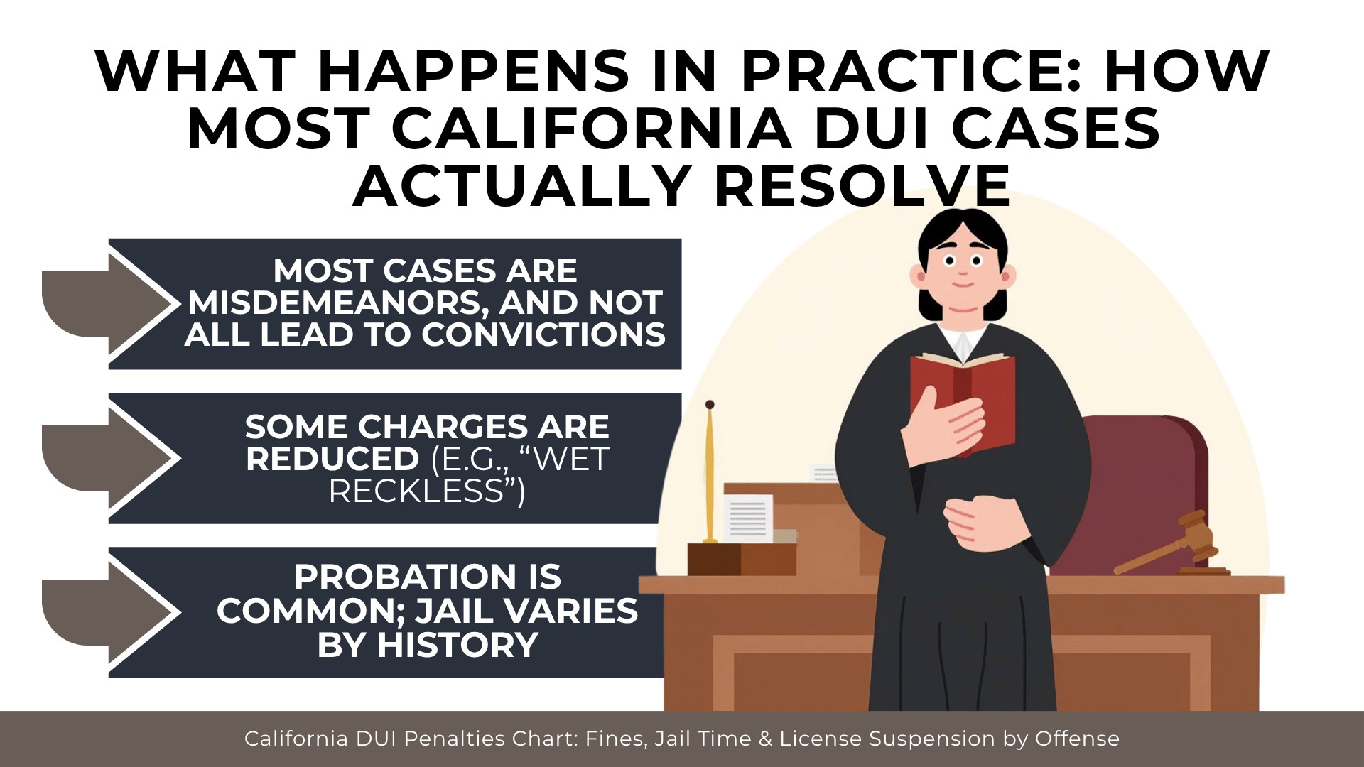 Judge with book outlining misdemeanor cases, reduced charges, probation, and variable jail outcomes