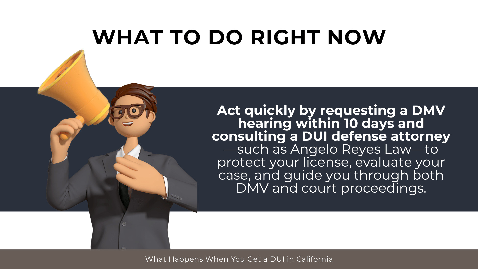 Person with megaphone urges quick DMV hearing request and hiring DUI attorney to protect rights and license