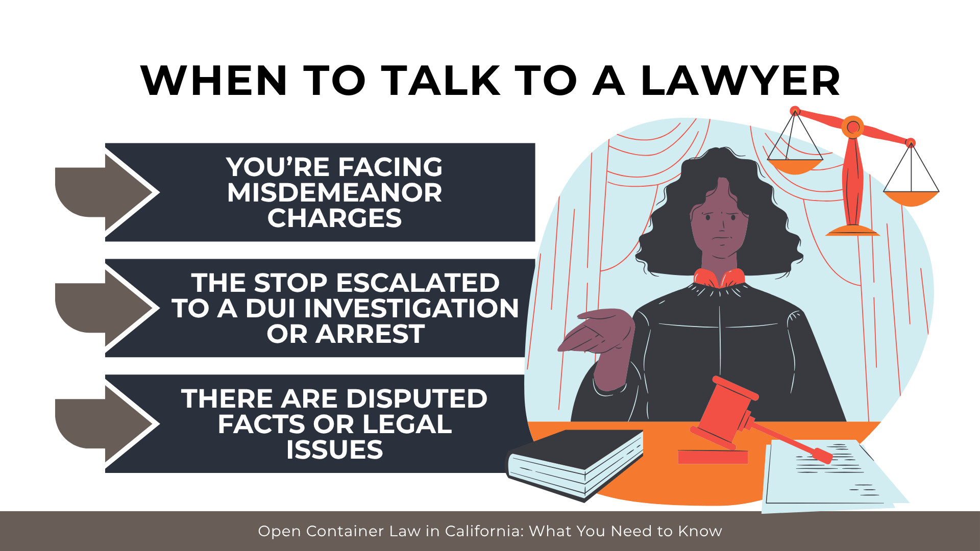 Judge and arrows list situations like misdemeanor charges, DUI escalation, or disputed facts