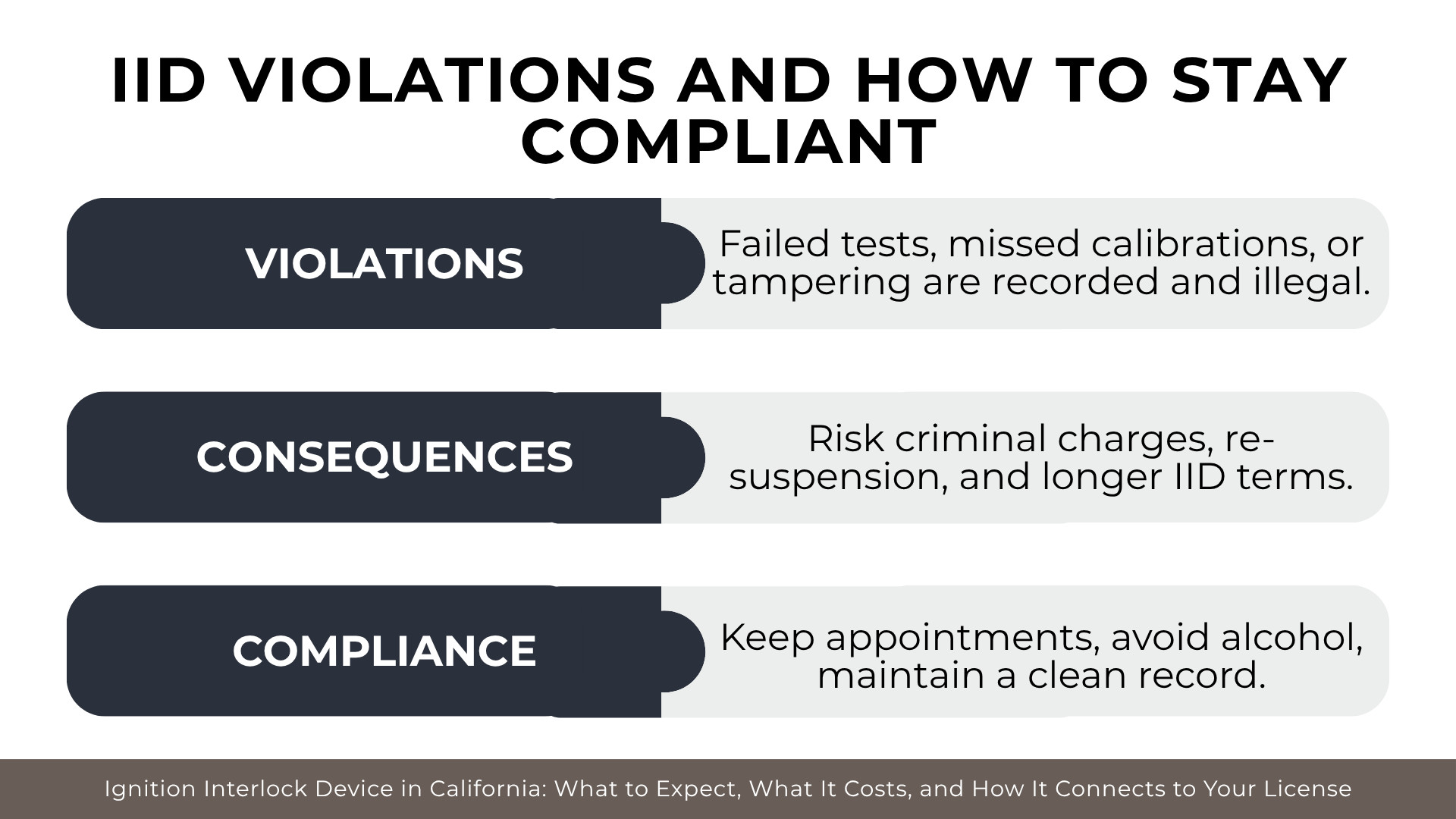 Labeled sections outline violations, penalties, and compliance steps like avoiding alcohol and keeping appointments