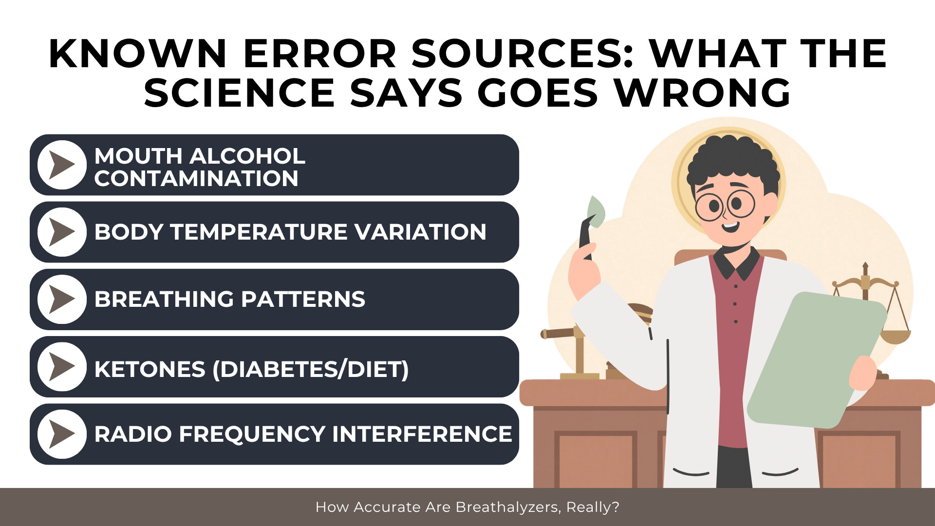 Checklist of mouth alcohol, temperature, breathing, ketones, and interference with scientist and scale icon