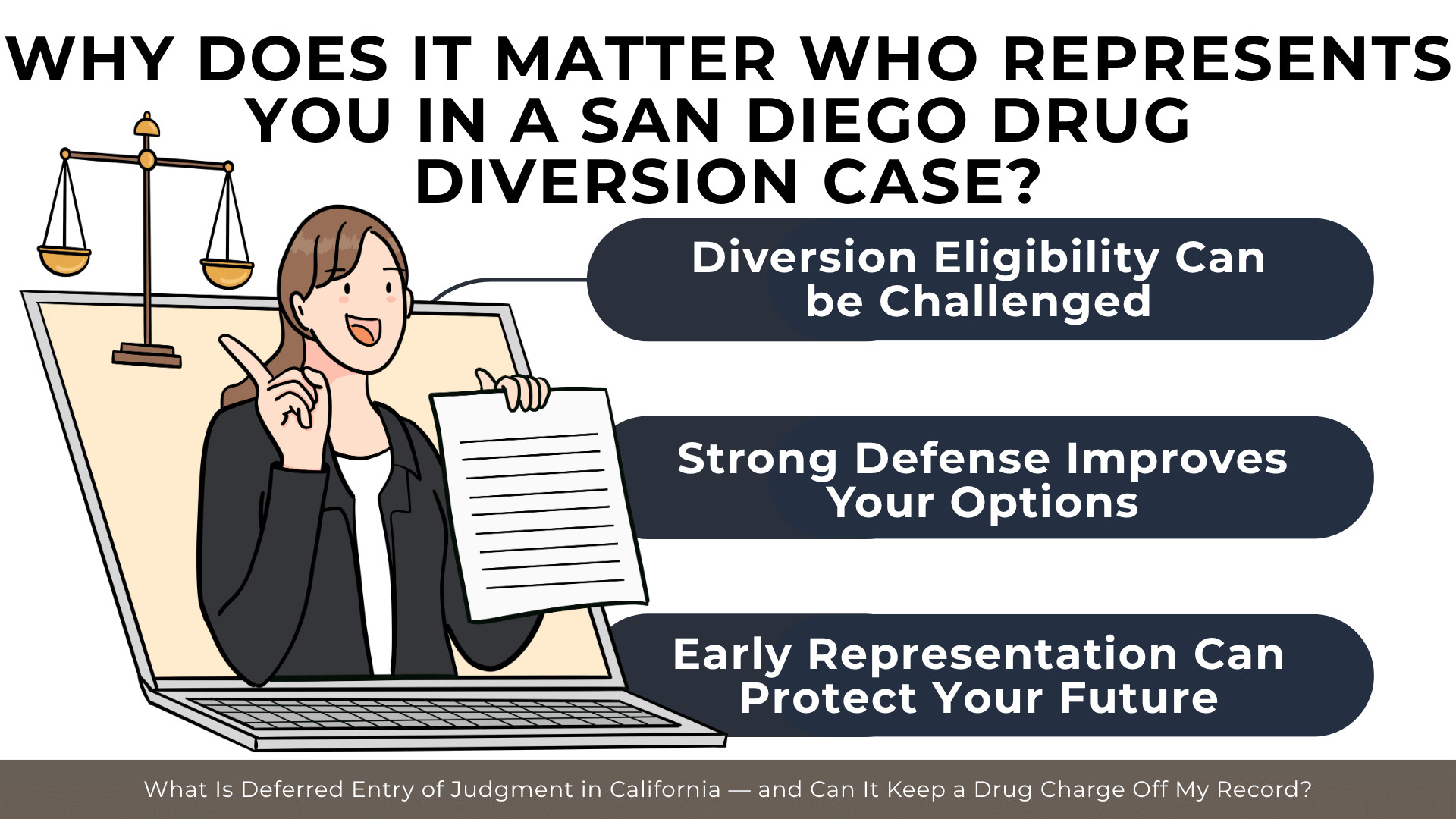 Attorney on laptop explains diversion eligibility challenges and benefits of early legal representation