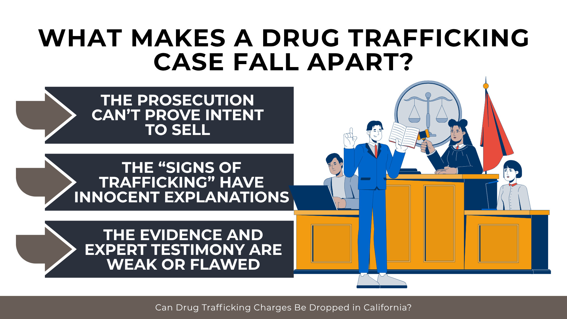 Courtroom illustration outlines weak intent evidence and flawed testimony in trafficking defense cases