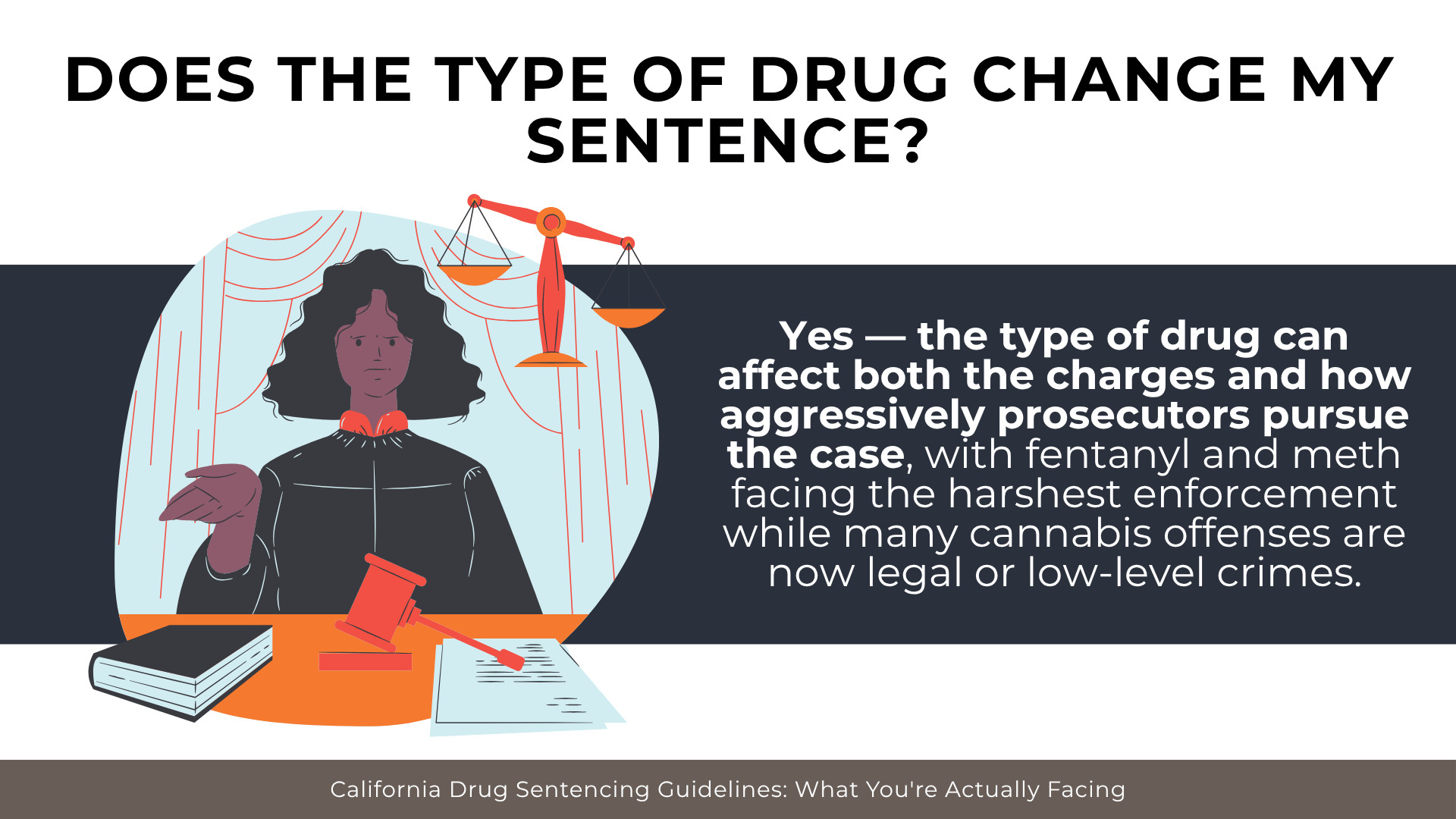 Judge and scales illustration explains how drug type affects sentencing severity and prosecution decisions