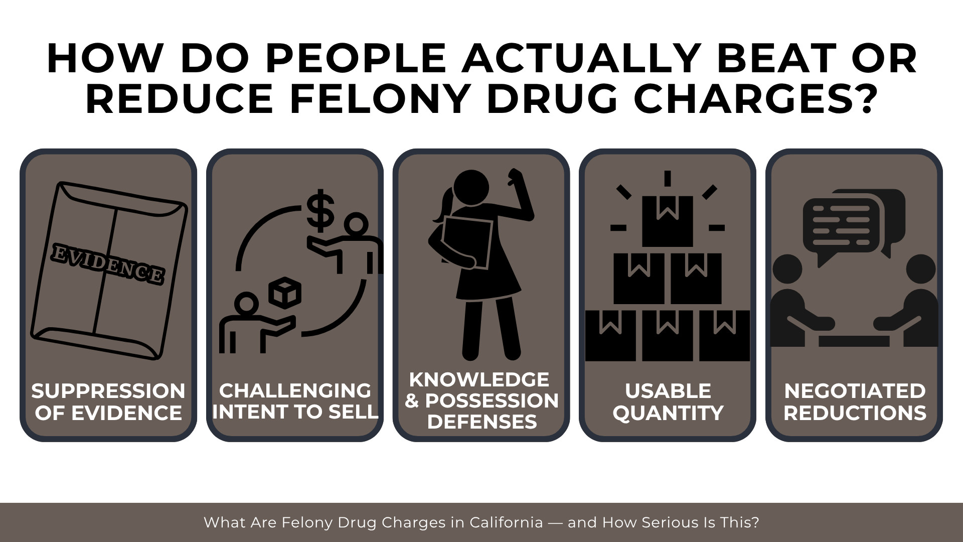 Legal icons explain evidence suppression, plea negotiations, and defenses used in felony drug cases