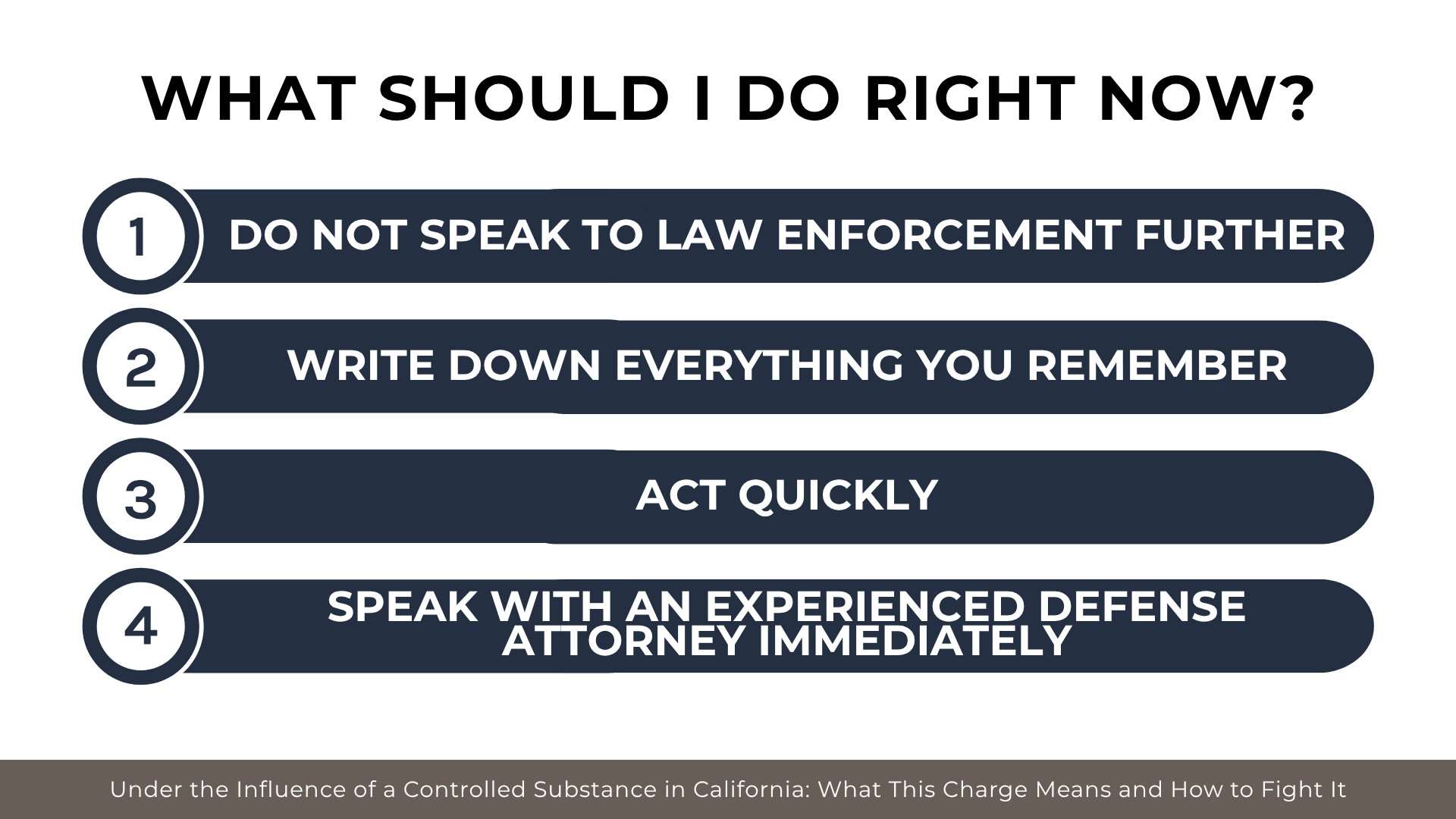Numbered legal steps advise staying silent, documenting events, acting quickly, and hiring a lawyer