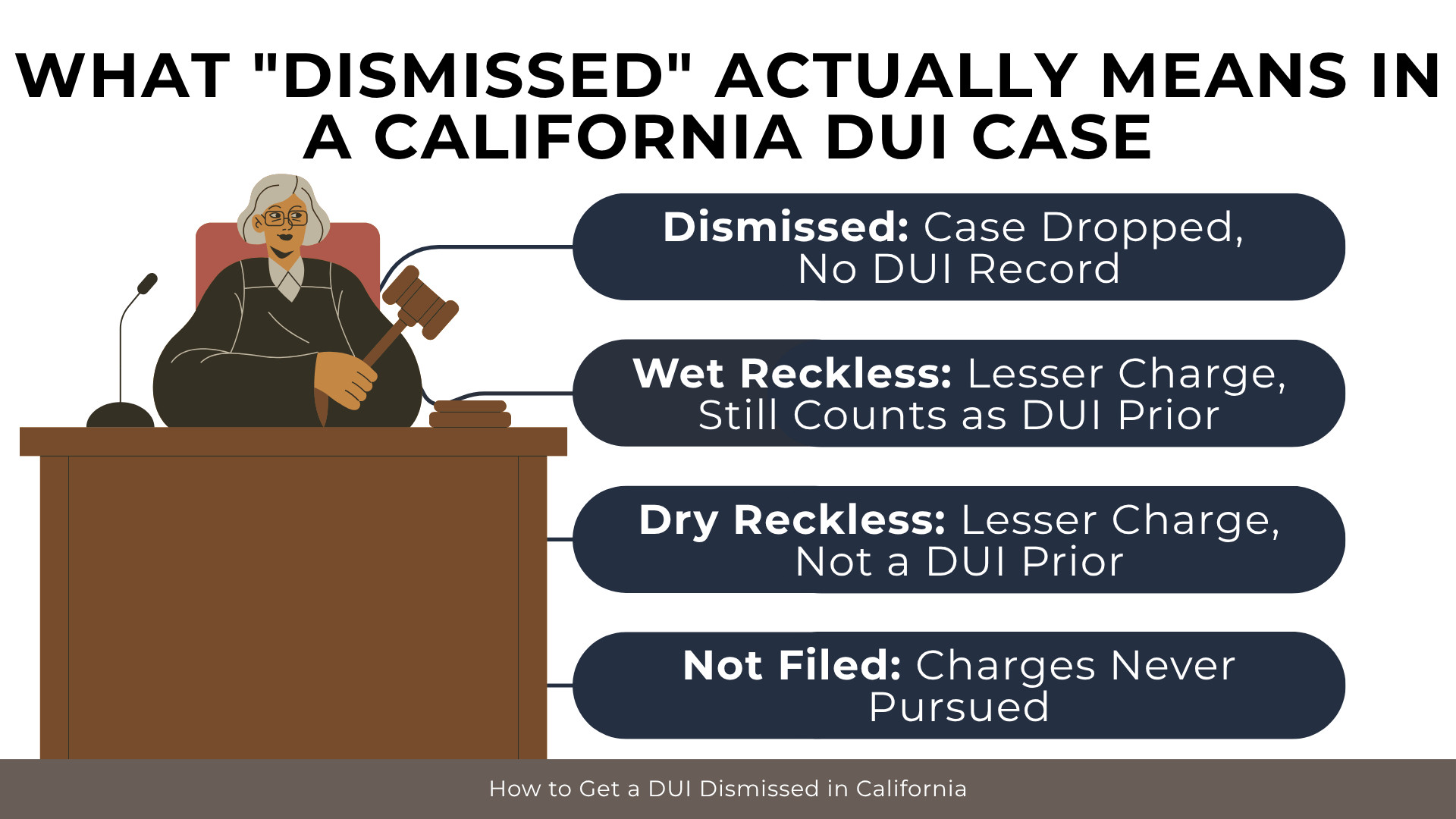 Judge at bench with labels explaining dismissed case, wet reckless, dry reckless, and charges not filed