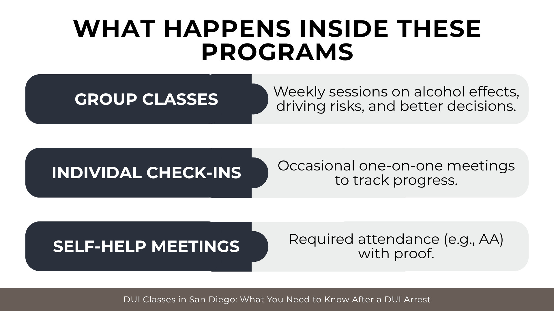 Labeled sections showing group sessions, individual check-ins, and required self-help meetings with proof