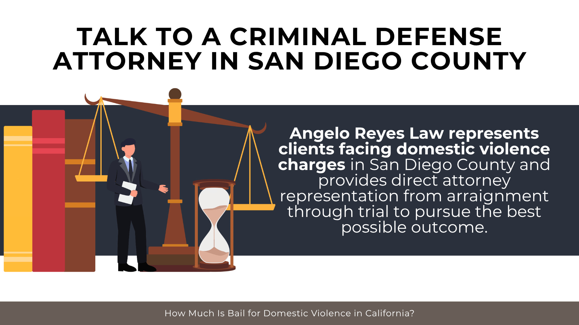 Attorney beside scales, books, and hourglass highlights legal representation for domestic violence charges.