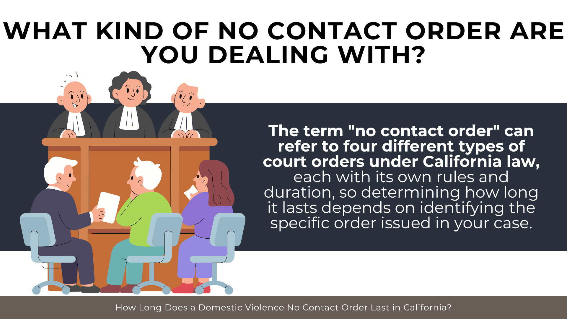 Court panel and attendees explaining different no-contact orders and how duration varies by type.