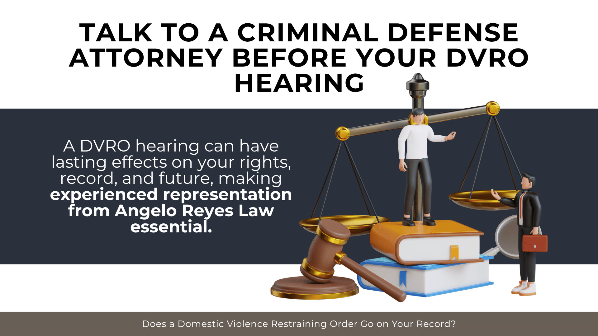 Court scales, legal books, and figures emphasizing legal representation before a DVRO hearing.