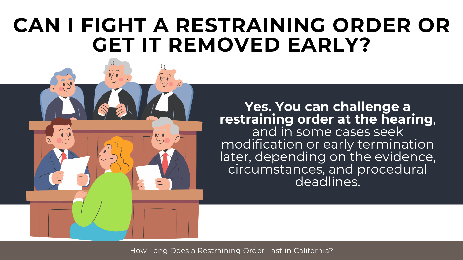 Courtroom hearing scene describing challenges, modifications, and early termination of restraining orders.