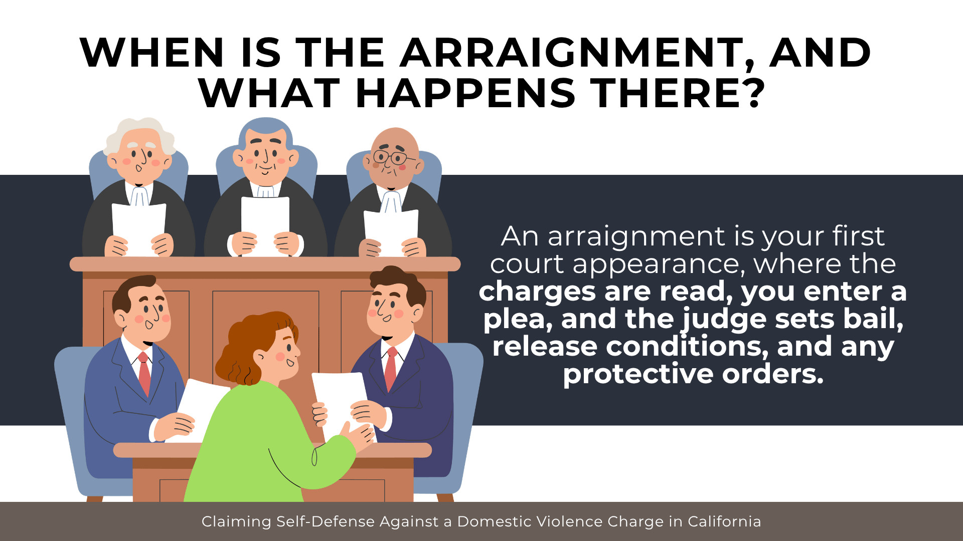 Courtroom hearing with judges and attorneys explaining charges, pleas, bail, and release conditions.