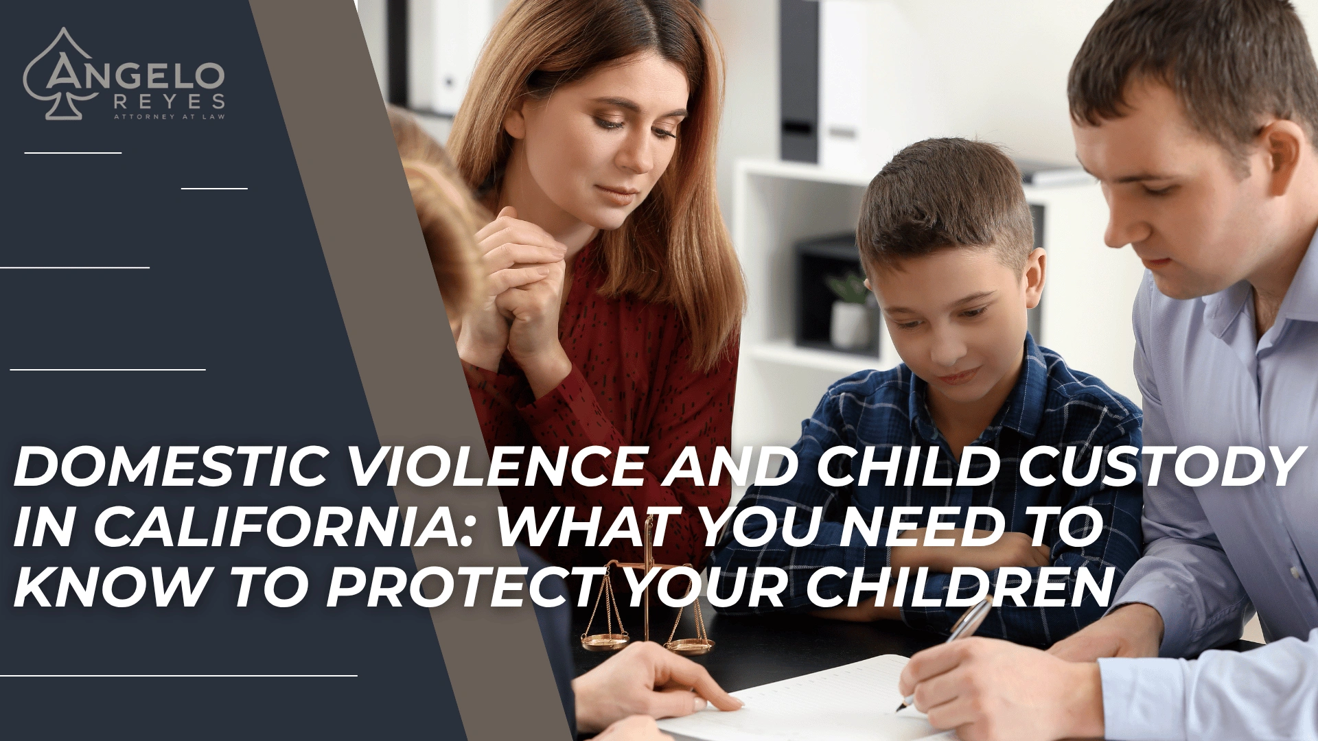 Family reviews documents with legal scales, introducing custody concerns involving domestic violence allegations.