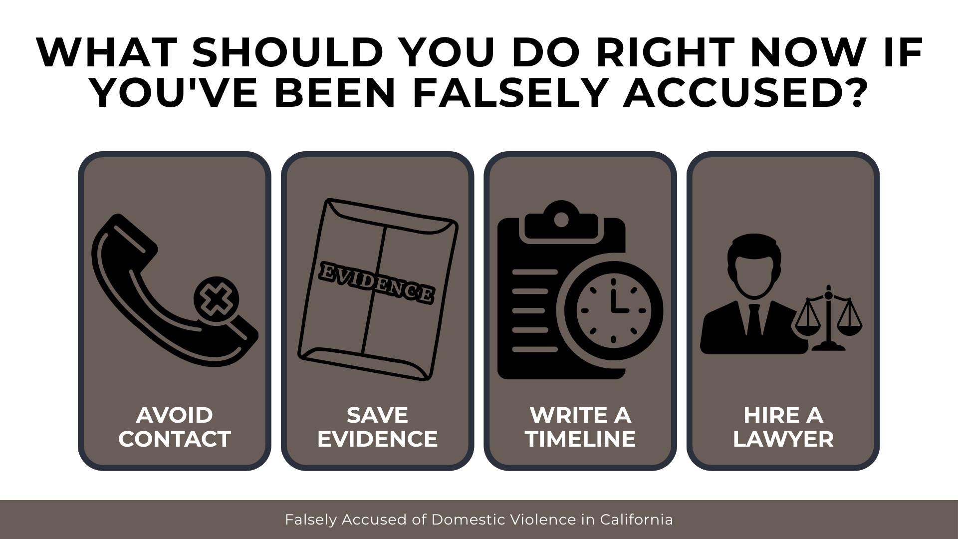 Icons for phone, evidence, timeline, and attorney highlight immediate steps after a false accusation.