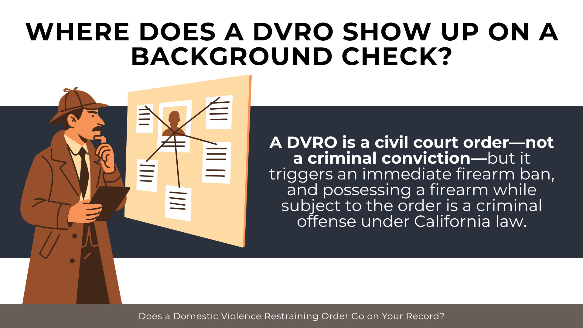 Investigator examining a case board explaining how DVROs may appear during background screenings.