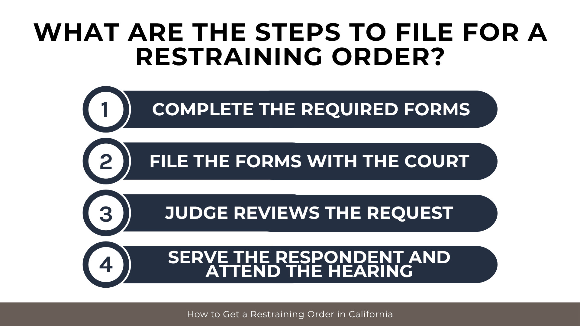 Numbered process outlines completing forms, filing with court, judicial review, and hearing attendance.