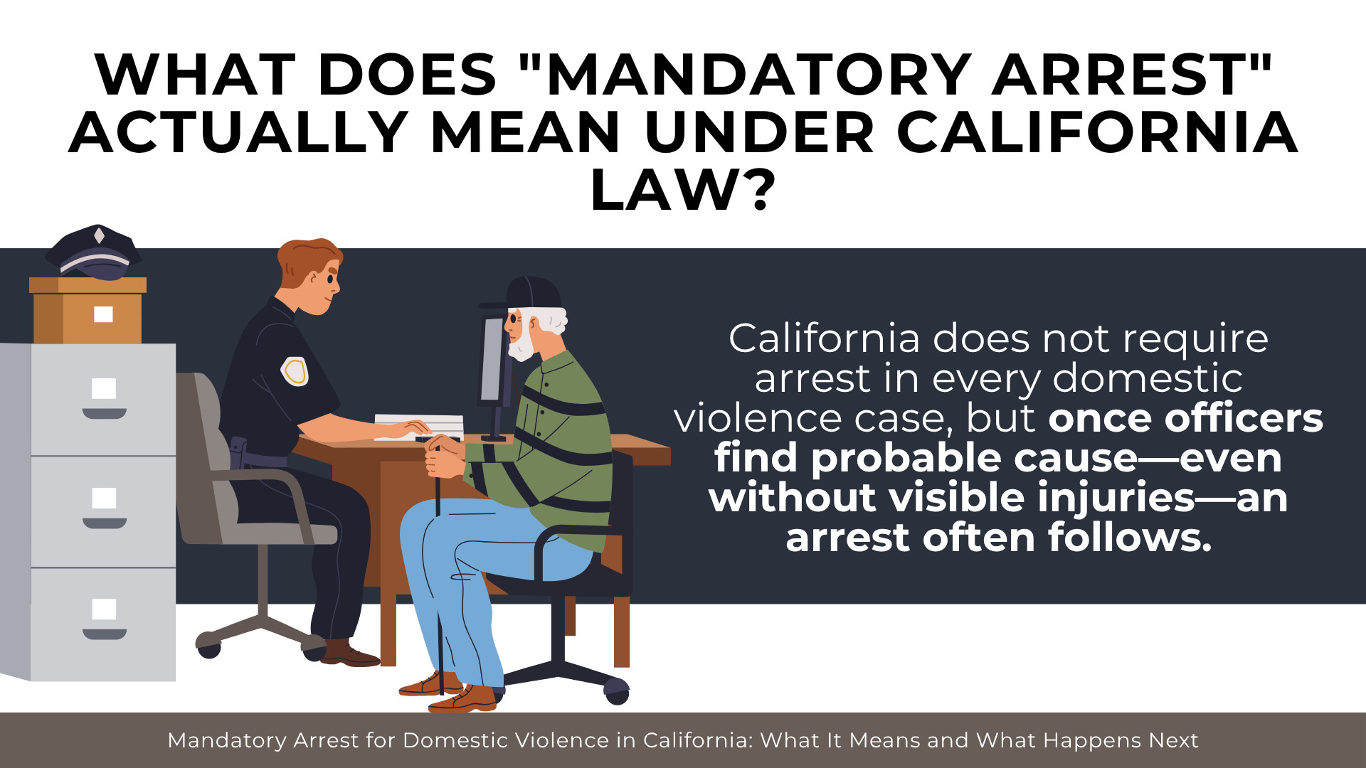 Officer interviewing seated person explains probable cause standards that often lead to arrest decisions.