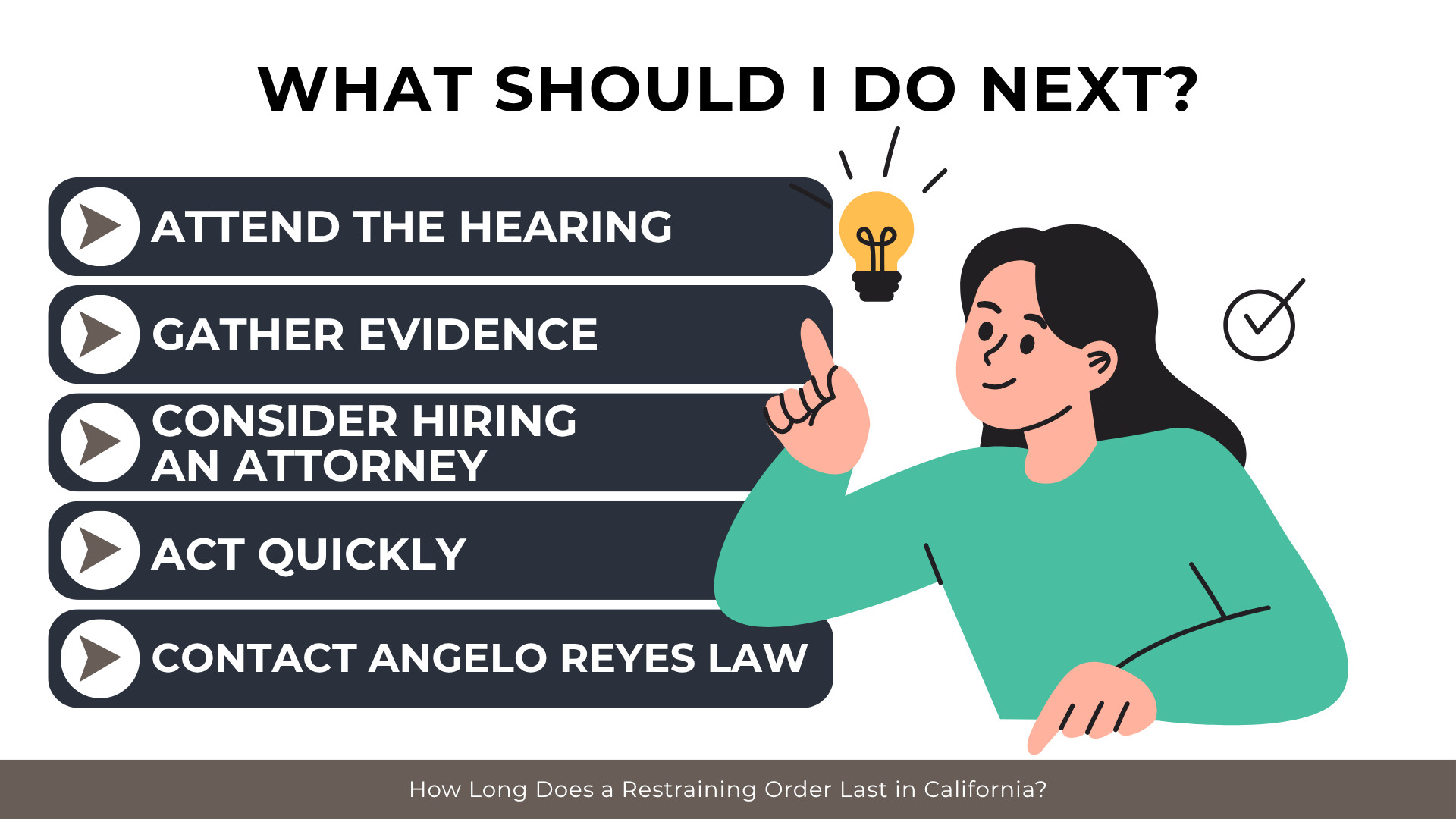 Person beside checklist and lightbulb outlining hearing preparation, evidence gathering, and legal help.