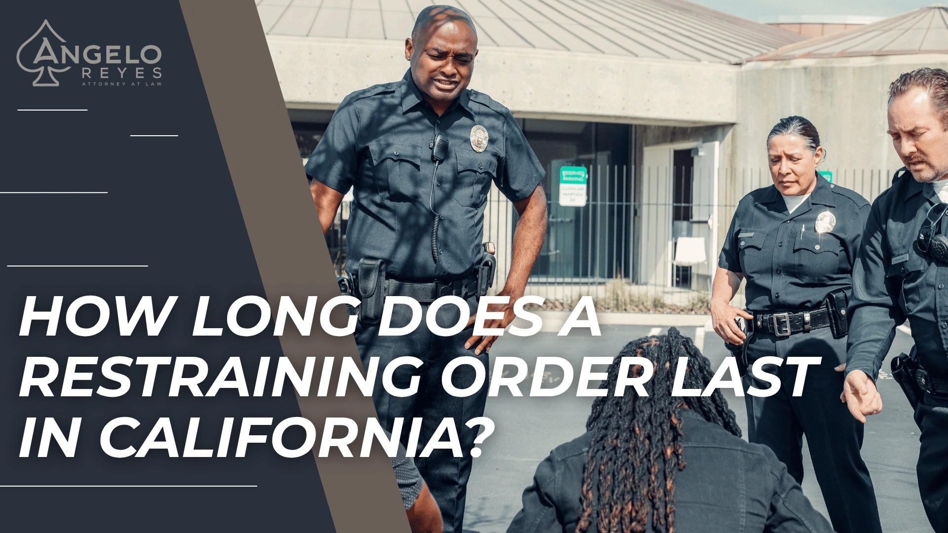 Police officers confronting a seated individual introducing California restraining order timelines and rules.