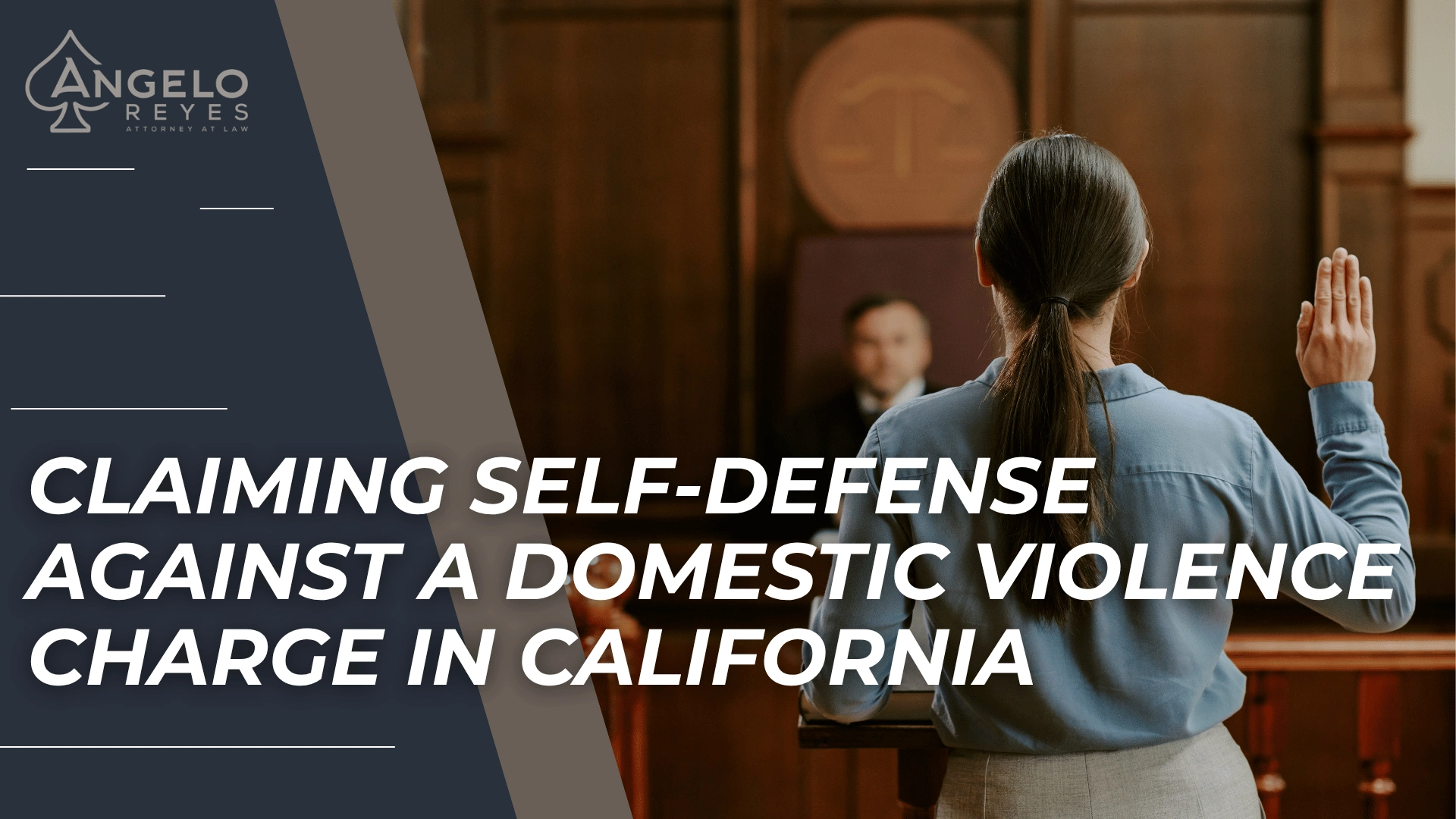 Woman testifying in court before a judge introducing self-defense strategies in California DV cases.