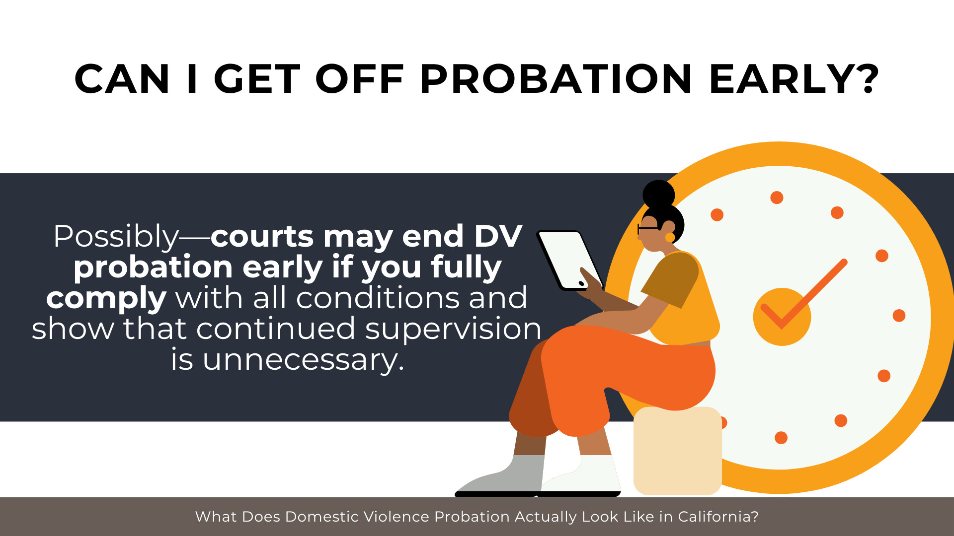 Person seated with tablet beside large clock explaining early probation termination through full compliance.