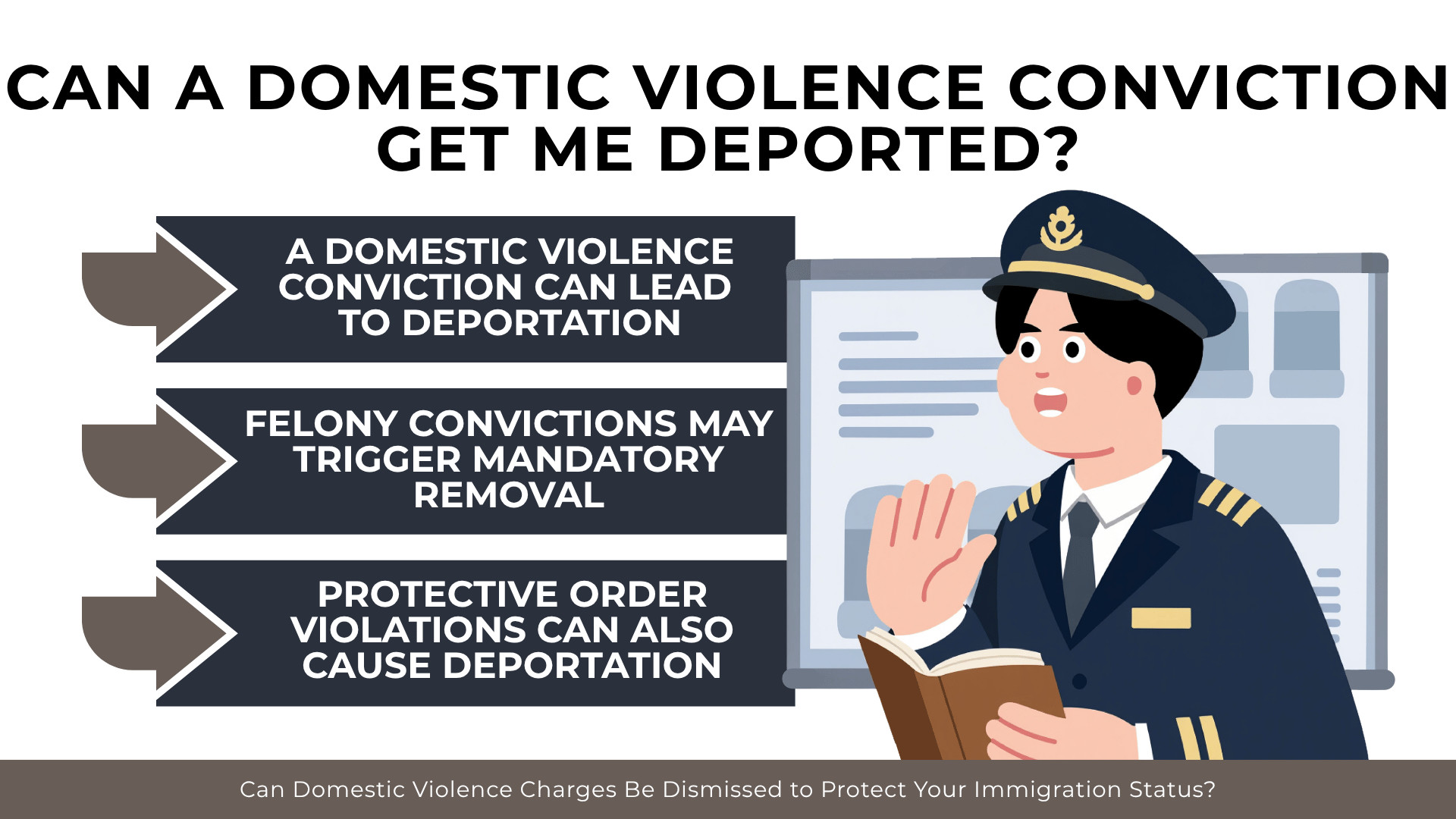 Uniformed officer beside checklist explaining deportation risks from domestic violence convictions and violations.